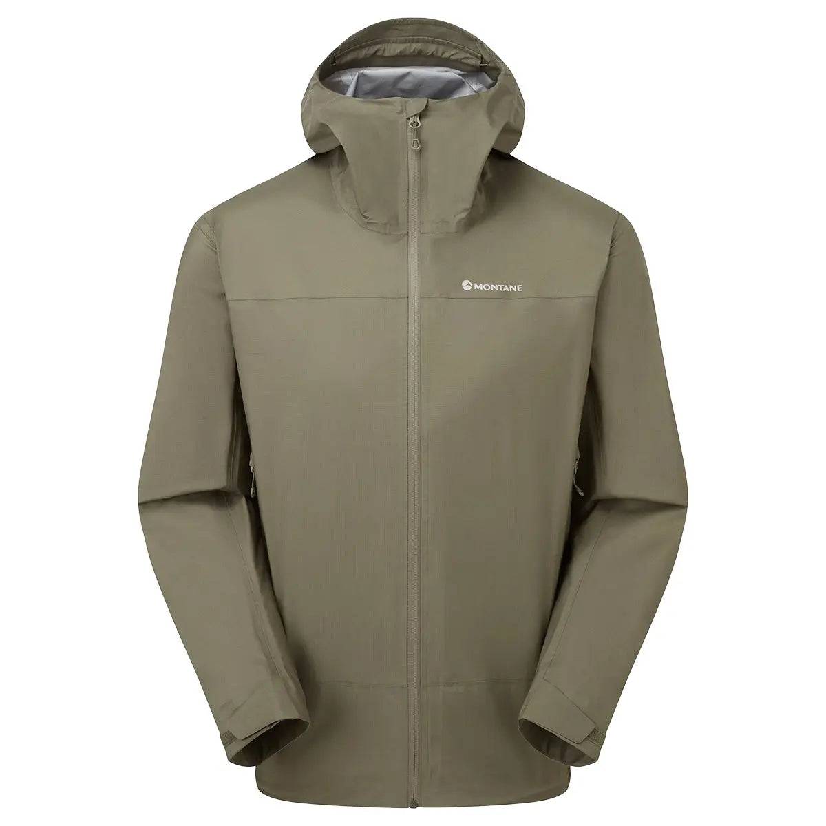 Montane Mens Cetus Lite Waterproof Jacket in olive green with a hooded design, lightweight construction, and durable waterproof fabric.