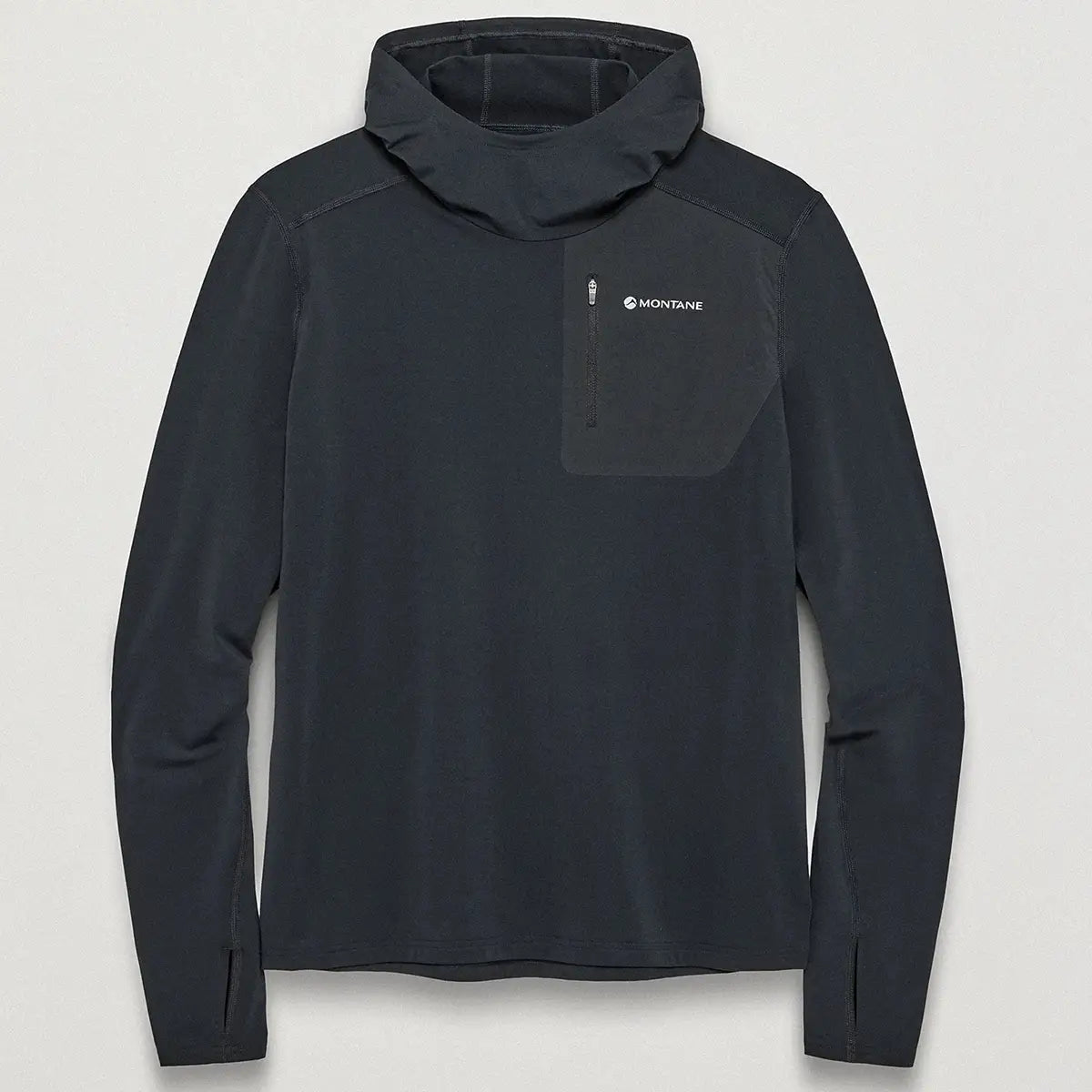 Rear view of olive green Montane men's Dart XT thermal hoodie with high collar and zip chest pocket, ideal for outdoor activities