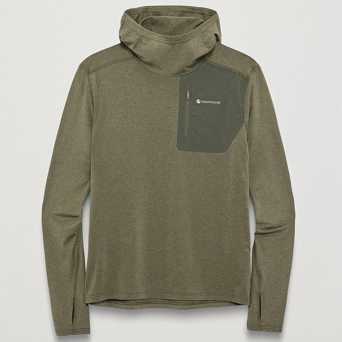 Olive green Montane Mens Dart XT Thermal Hoodie with high collar, zippered chest pocket, and lightweight fleece material, ideal for outdoor activewear.