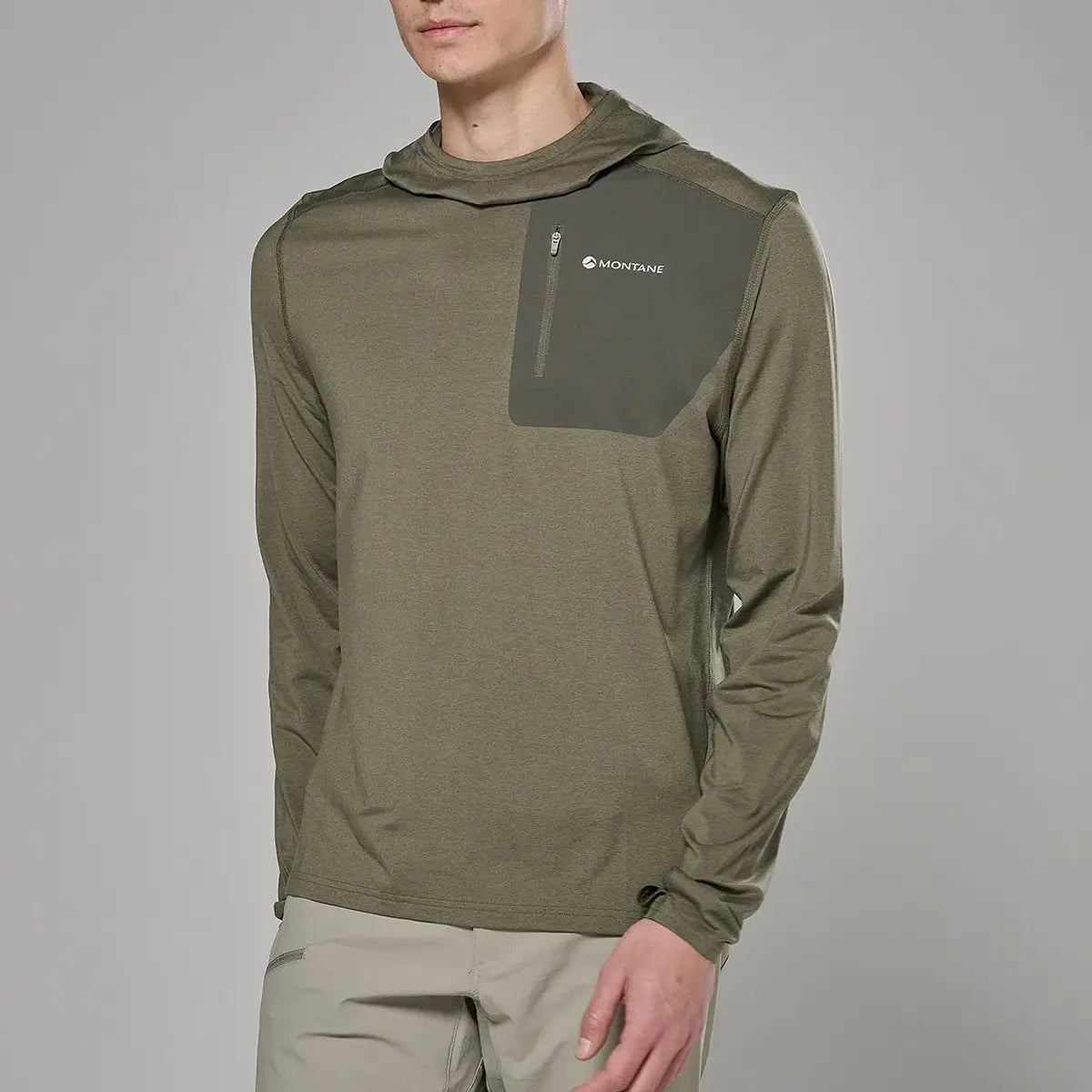 Montane Mens Dart XT Thermal Hoodie in olive green with a chest zip pocket, lightweight mid-layer for outdoor activities, SKU: JB1621-CP-S