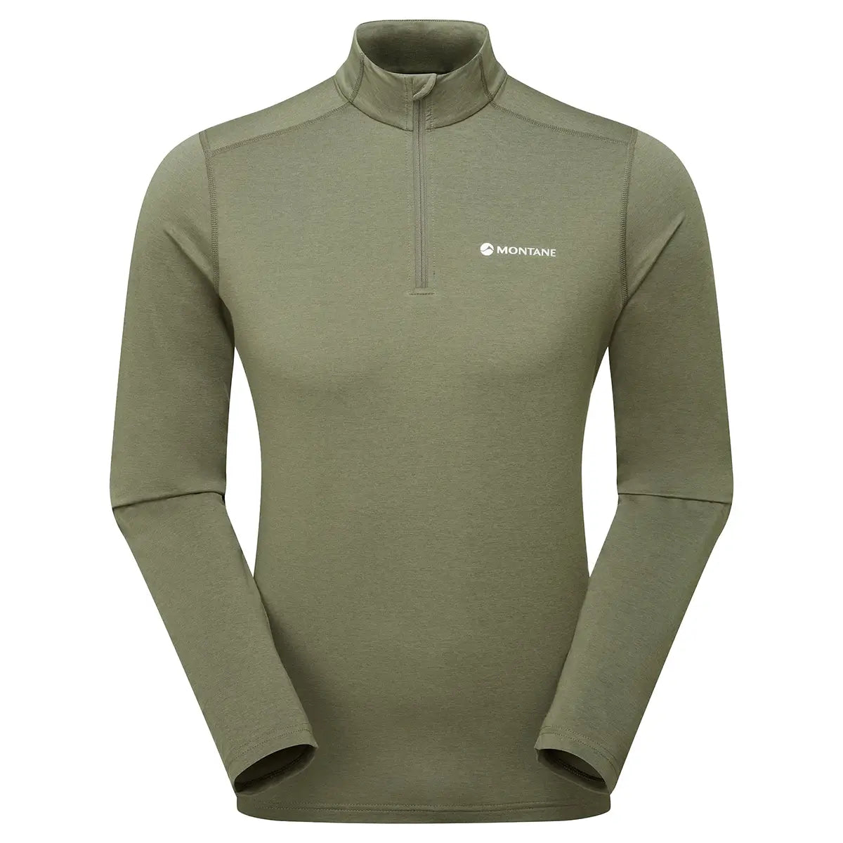 Montane Mens Dart XT Zip Neck Long Sleeved Thermal Top in olive green, ideal for alpine layering and cold-weather activewear performance.
