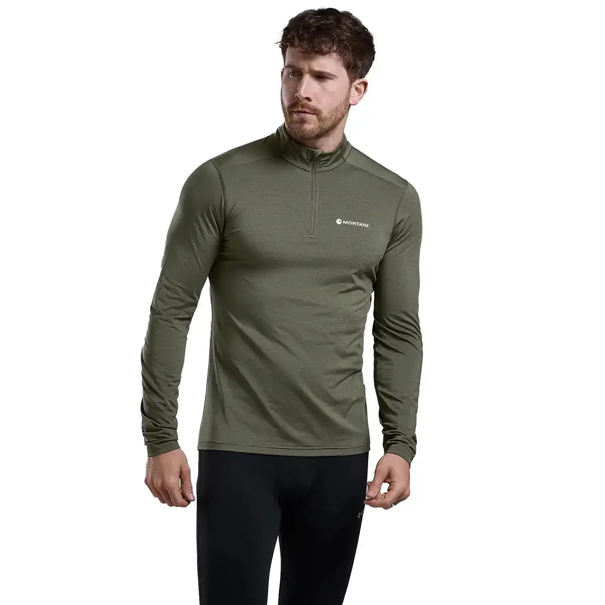 Model wearing Montane Mens Dart XT Zip Neck Long Sleeved Thermal Top in olive green, showcasing fit and performance-ready design.  from  John Bull Clothing 