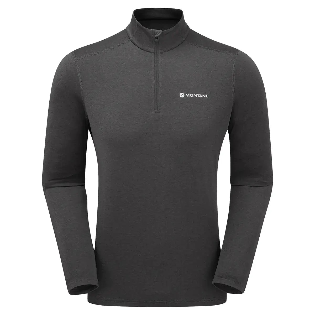 Montane Mens Dart XT Zip Neck Long Sleeved Thermal Top in charcoal grey, designed for high-performance base layering in extreme cold. Midnight Grey from  John Bull Clothing 