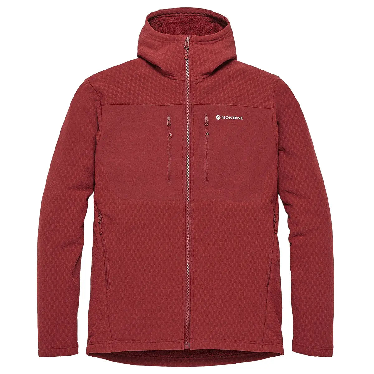 Montane Mens Dura XT Hoodie fleece jacket in red with matching accents, high collar, full zip, outdoor activewear for cold weather