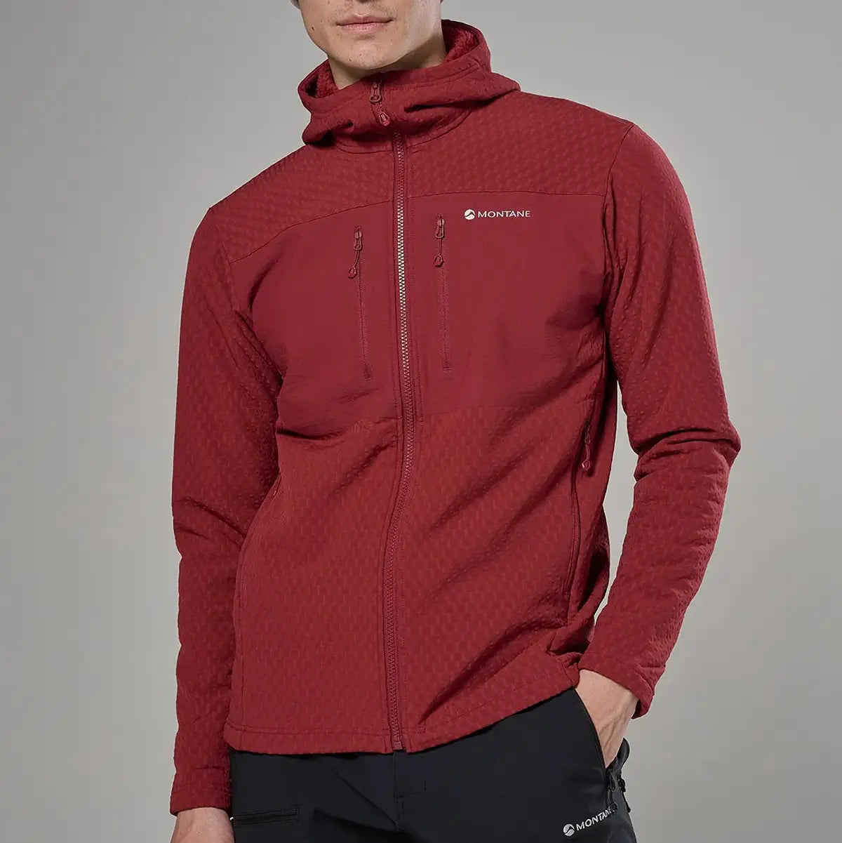 Red Montane Mens Dura XT Hoodie fleece with hood, front zipper, breathable material, and multiple zippered pockets, ideal for outdoor activewear - SKU: JB1619-MO-S