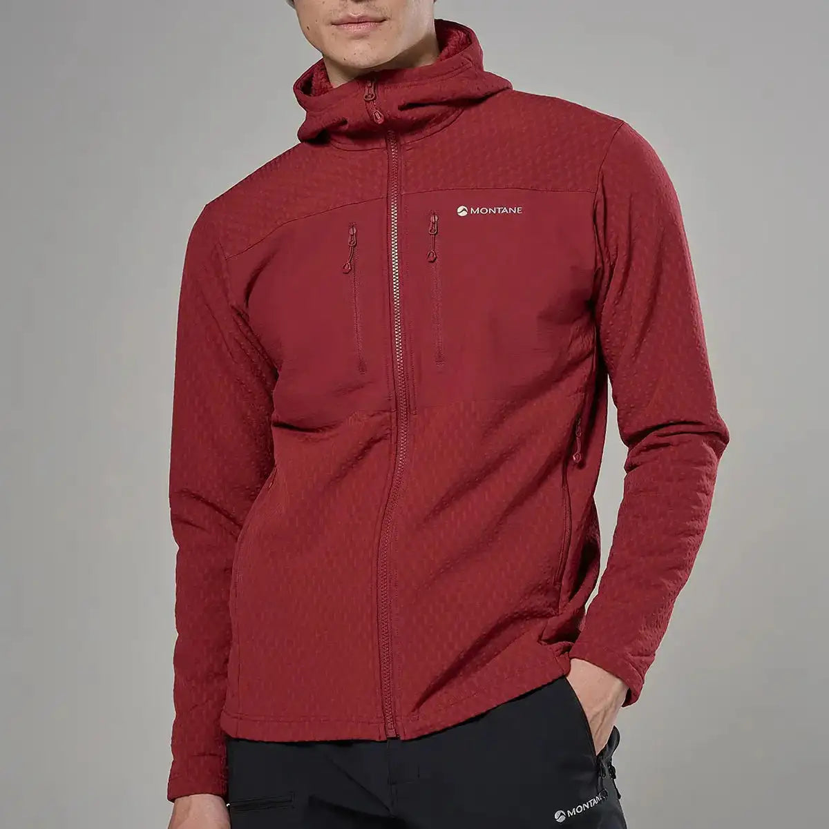 Red Montane Mens Dura XT Hoodie fleece with hood, front zipper, breathable material, and multiple zippered pockets, ideal for outdoor activewear - SKU: JB1619-MO-S
