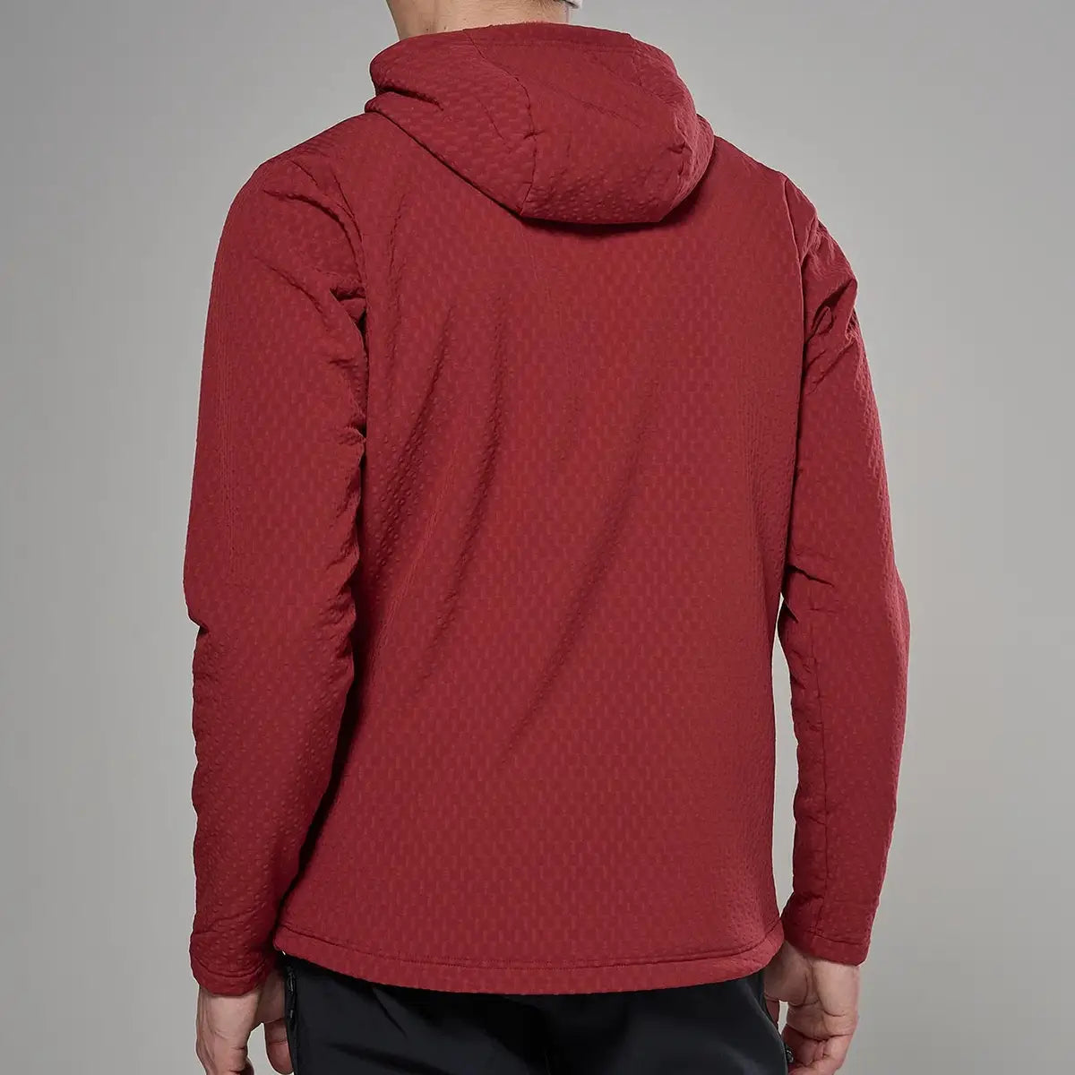 Rear view of red Montane Mens Dura XT Hoodie fleece with hood, textured fabric, and durable design for rugged outdoor activities - SKU: JB1619-MO-S