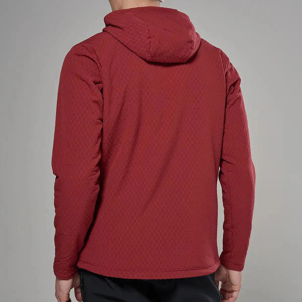 Rear view of red Montane Mens Dura XT Hoodie fleece with hood, textured fabric, and durable design for rugged outdoor activities - SKU: JB1619-MO-S