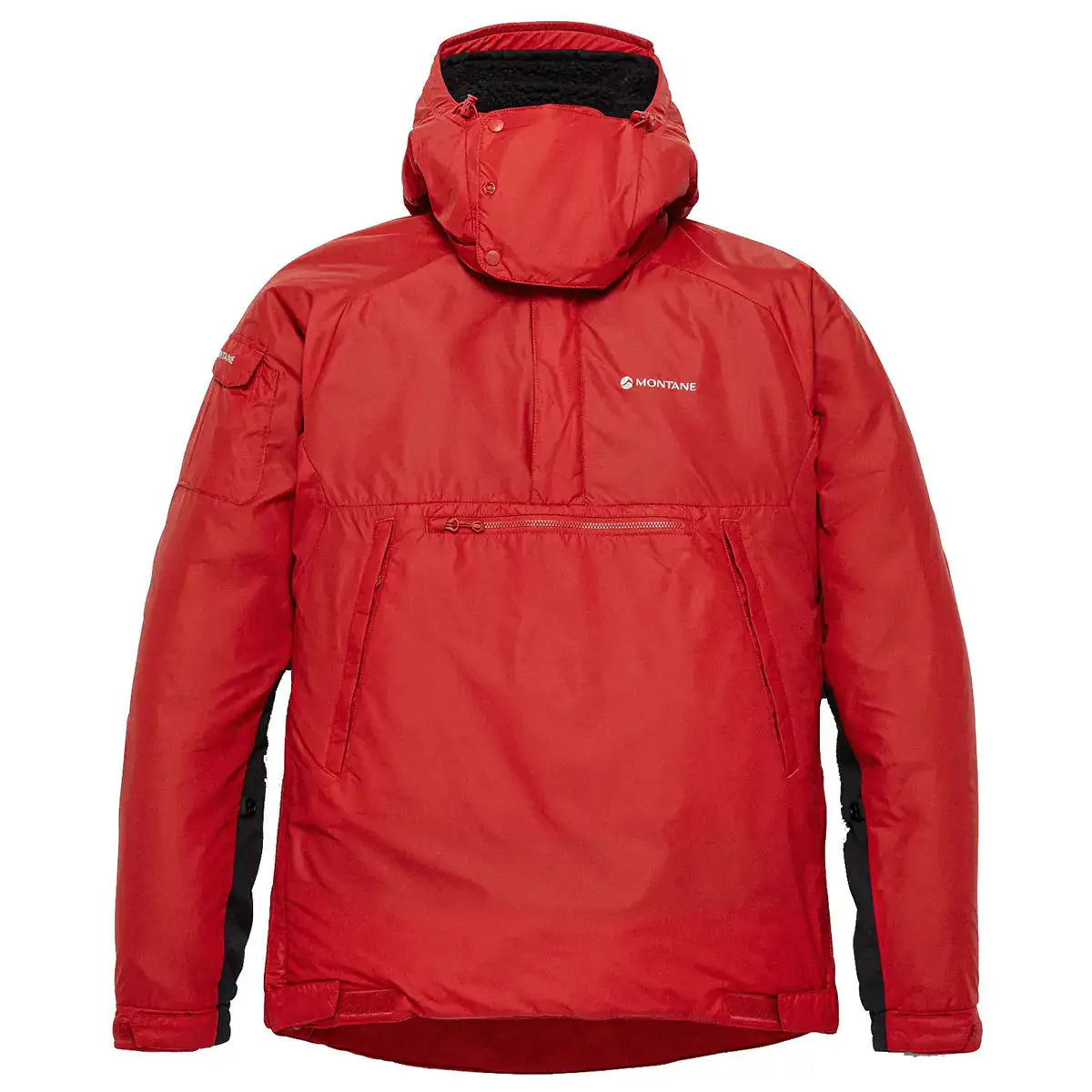Montane Extreme Smock Insulated Mens in red, featuring a high collar and large front pocket, designed for extreme cold by John Bull Clothing. Hot Chilli Red from  John Bull Clothing 