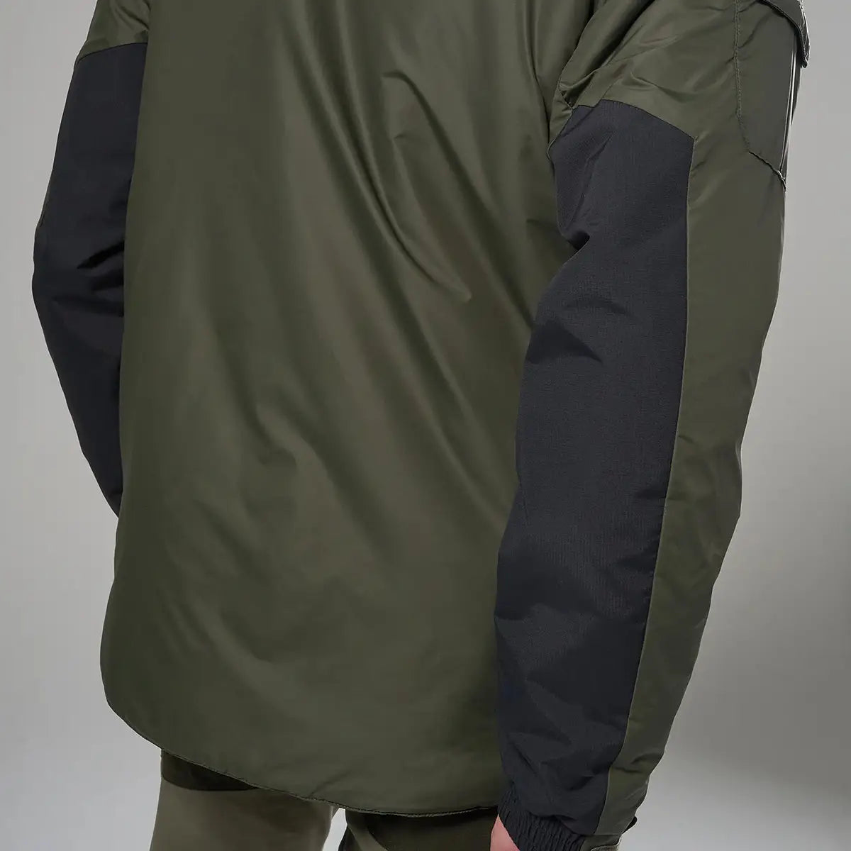 Back view of Montane Extreme Smock Insulated Mens jacket in olive with reinforced black elbow patches, built for durability, John Bull Clothing.
