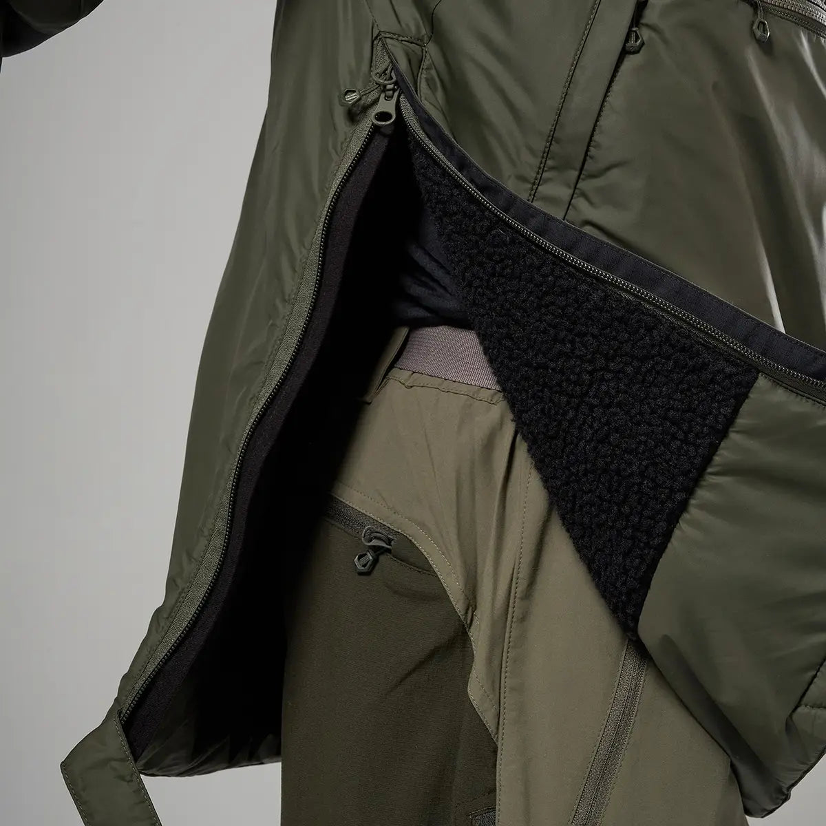 Interior view of Montane Extreme Smock Insulated Mens jacket showing fleece lining and side zip, engineered for warmth, John Bull Clothing.