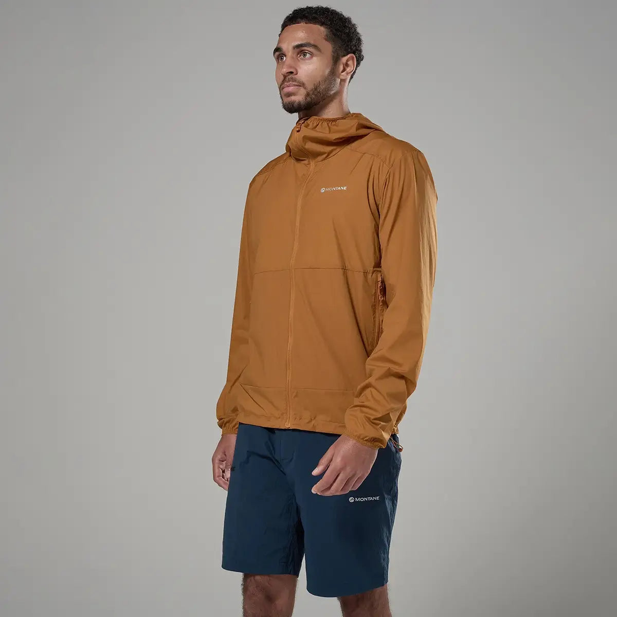 Men's lightweight hooded windproof jacket in tan, outdoor apparel for active wear