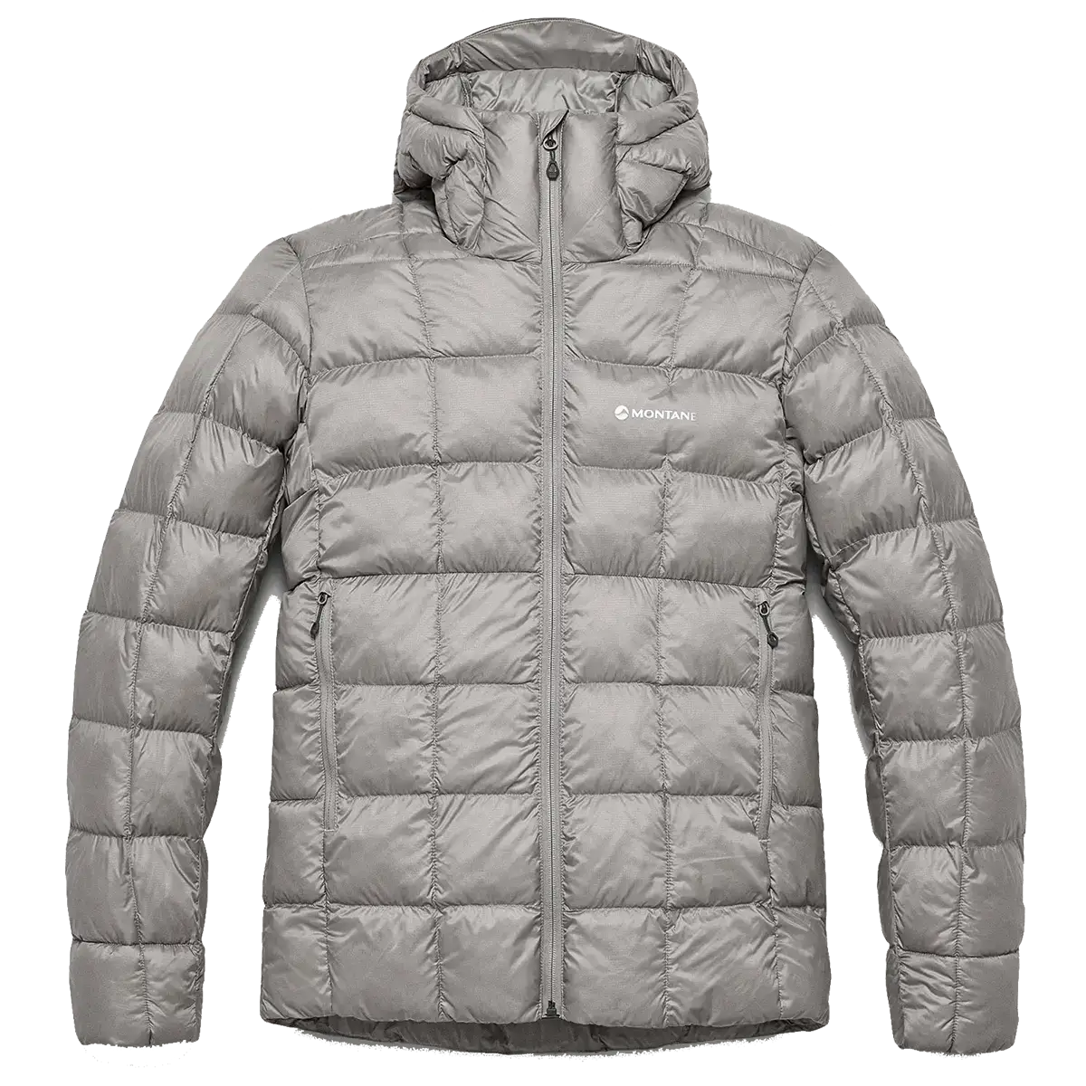 Male model wearing a black Montane thermal beanie and olive green insulated jacket with high collar, hood, and zip closure, outdoor winter gear