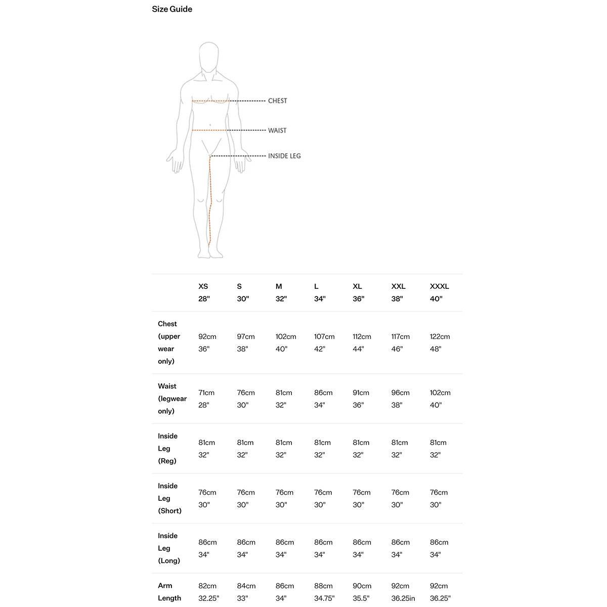 Size guide chart for Montane Mens Minimus Lite Waterproof Jacket, detailing chest, waist, leg, and arm measurements for accurate fit.