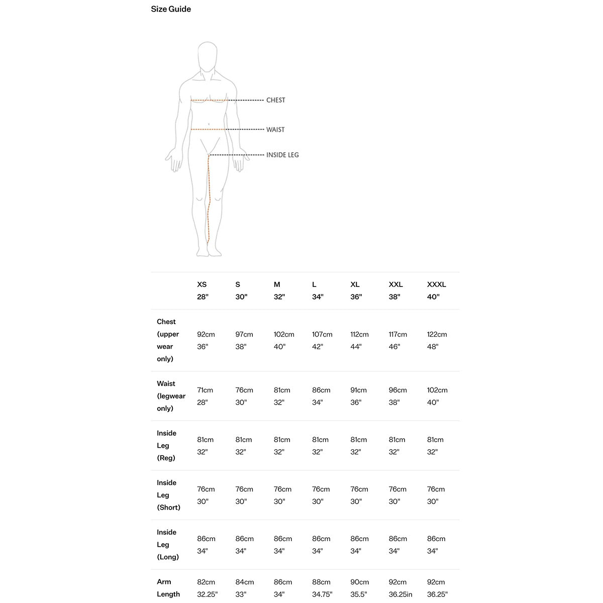 Montane Mens Phase Goretex Waterproof Jacket size guide chart with chest, waist, inside leg, and arm length measurements for all sizes.