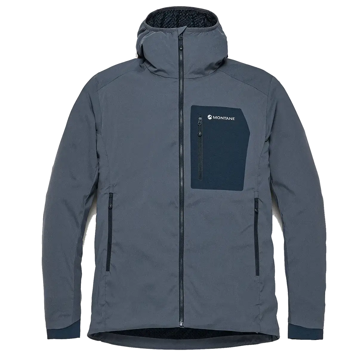 Montane men's lightweight softshell hooded jacket in gray with black accents, multiple zippered pockets, and a high collar for outdoor protection - SKU: JB1617-MS-S
