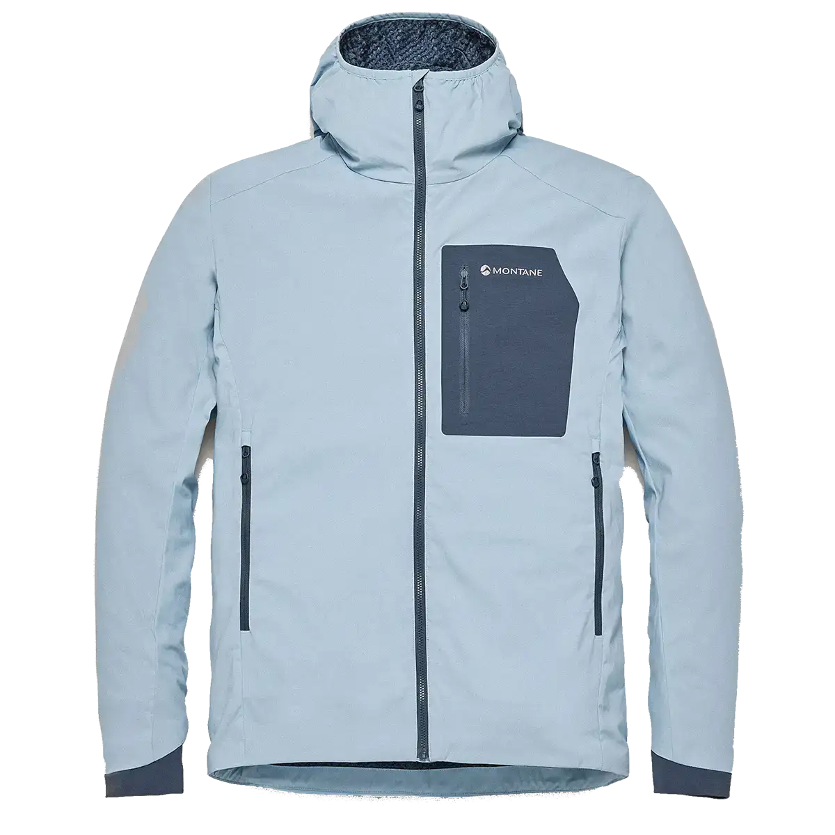 Montane men's lightweight softshell hooded jacket in light gray with black accents, featuring zippered chest and side pockets, high collar - SKU: JB1617-MS-S