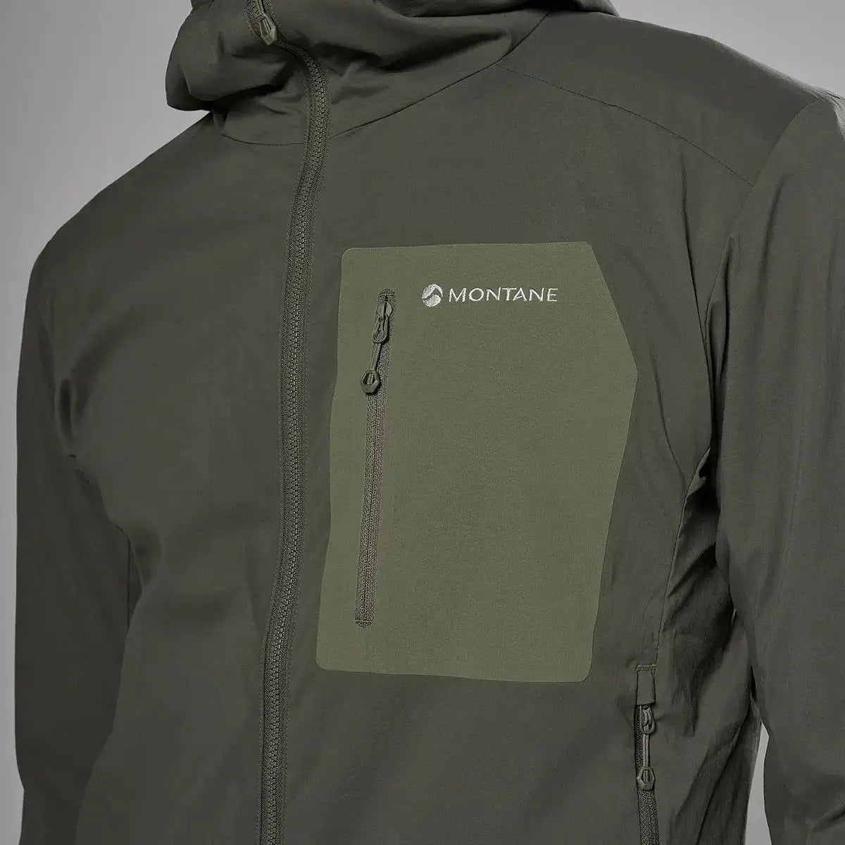Montane men's lightweight softshell hooded jacket in dark gray with a high collar and zippered chest pocket, designed for outdoor wear - SKU: JB1617-MS-S