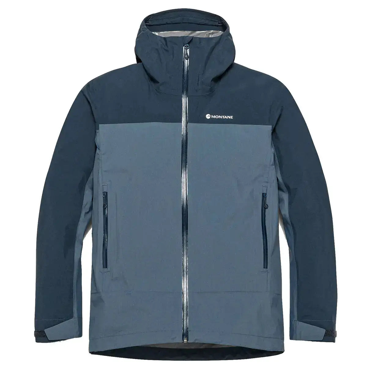 Montane waterproof jacket with hood, front view Dark Sky from  John Bull Clothing 