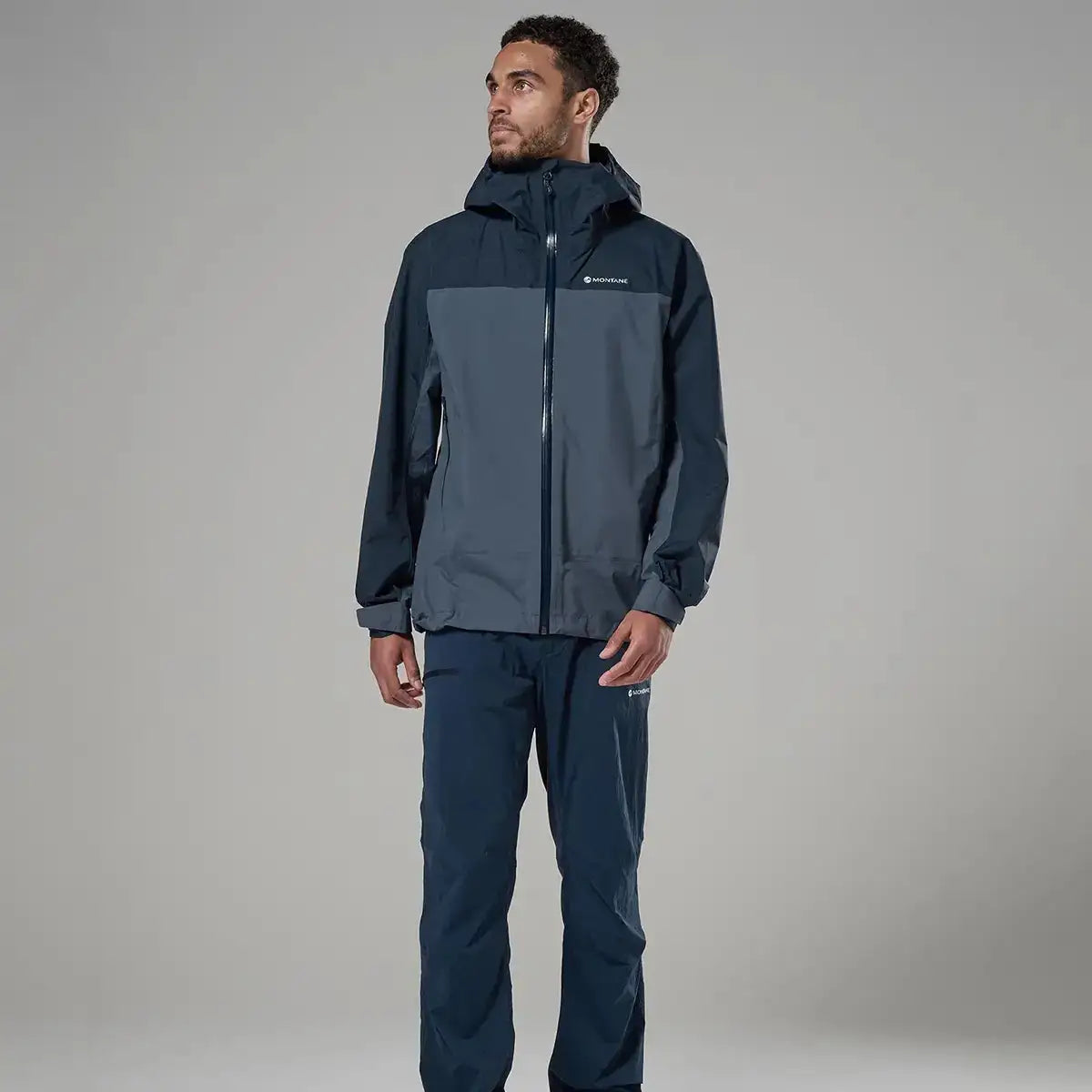 Montane waterproof jacket for men in navy and grey, outdoor raincoat with hood  from  John Bull Clothing 