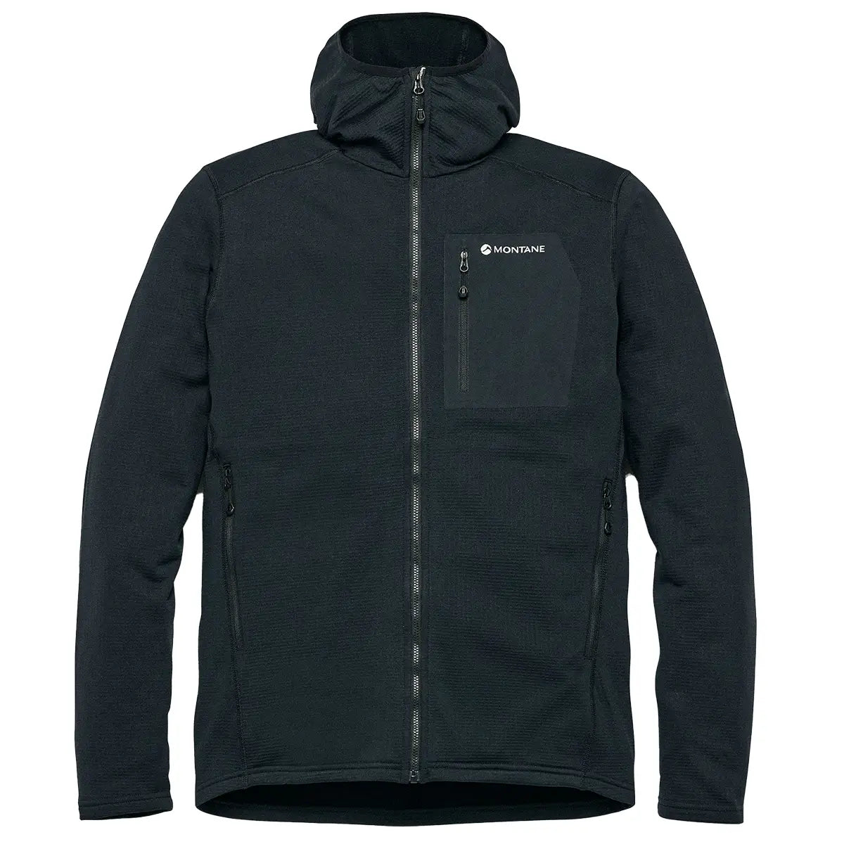 Montane men's Protium CP hoodie fleece jacket in black, lightweight outdoor jacket with zip pockets