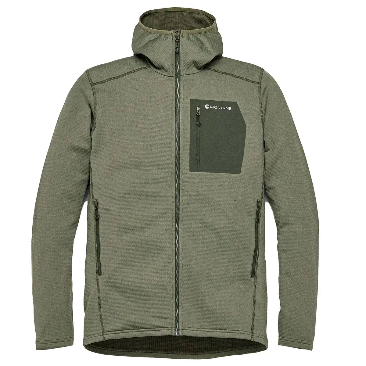 Montane men's Protium CP hoodie fleece jacket in olive green, activewear jacket with zip pockets Caper from  John Bull Clothing 