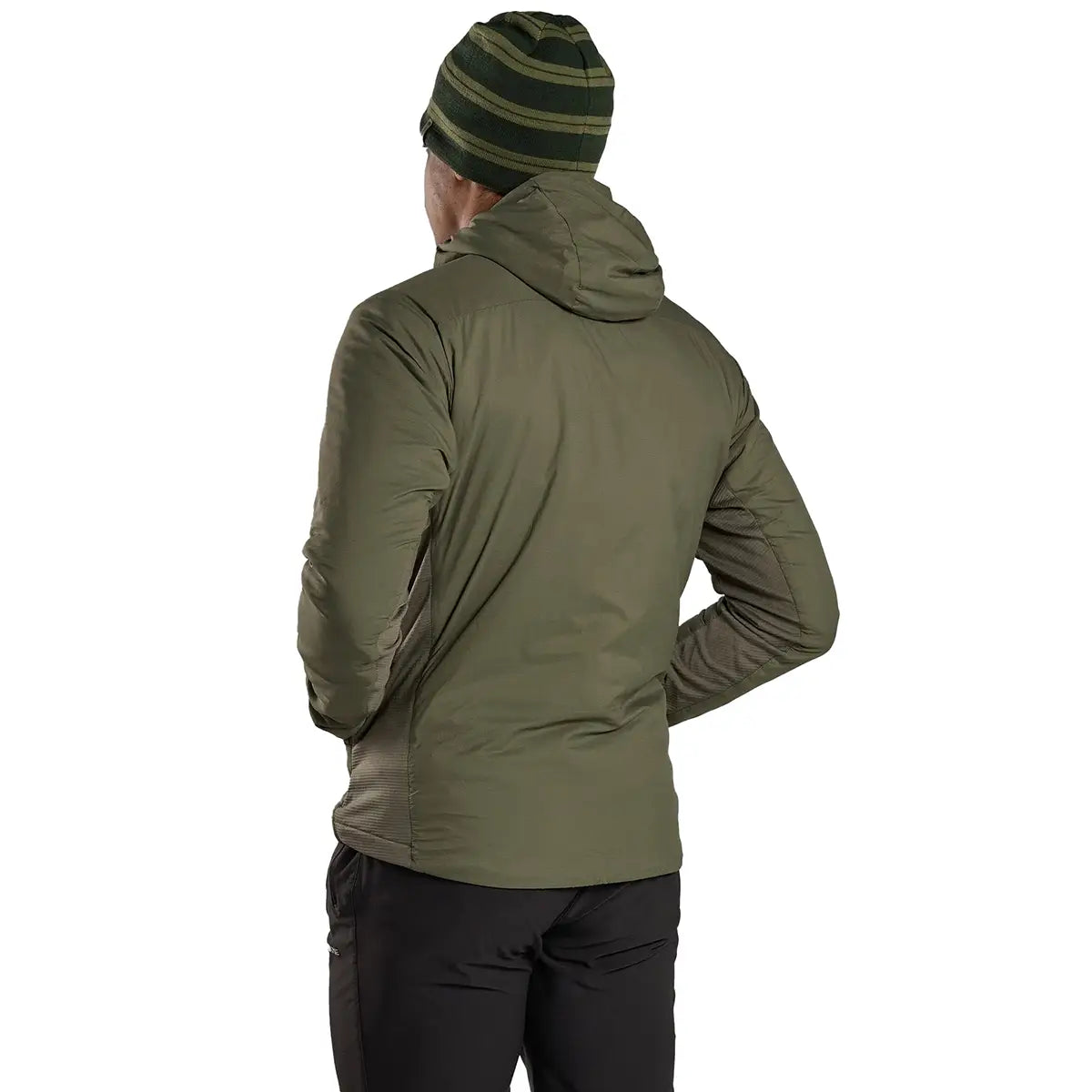 Rear view of Montane Mens Sirocco Hooded Insulated Jacket in green, highlighting hood and back panel construction.