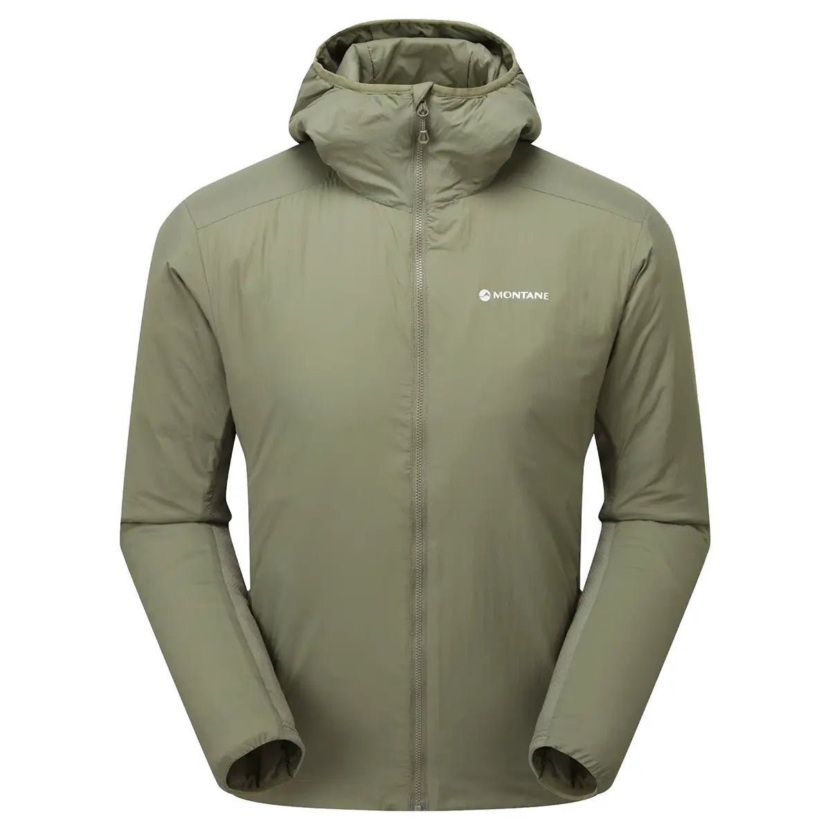 Montane Mens Sirocco Hooded Insulated Jacket in khaki green with full zip and hood, ideal for outdoor sports and urban wear.