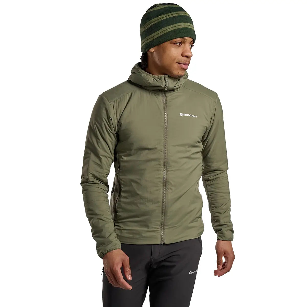 Model wearing Montane Mens Sirocco Hooded Insulated Jacket in green, showcasing fit and athletic design for cold weather.