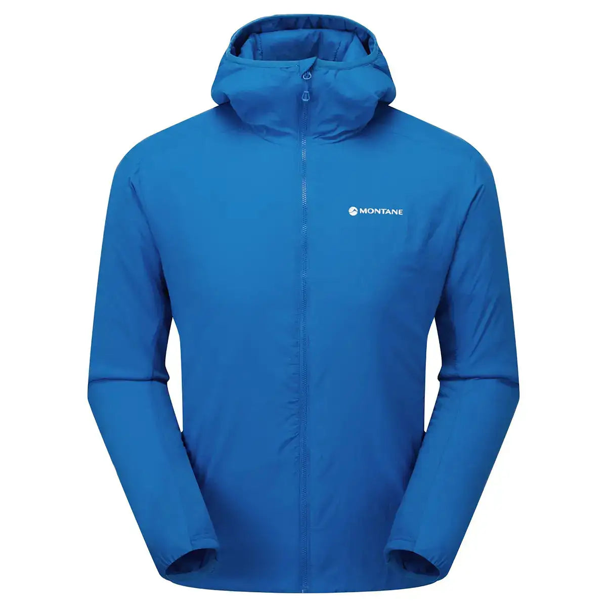 Montane Mens Sirocco Hooded Insulated Jacket in blue with full zip and PrimaLoft Gold Active insulation, ideal for outdoor sports and urban wear. Neptune Blue from  John Bull Clothing 