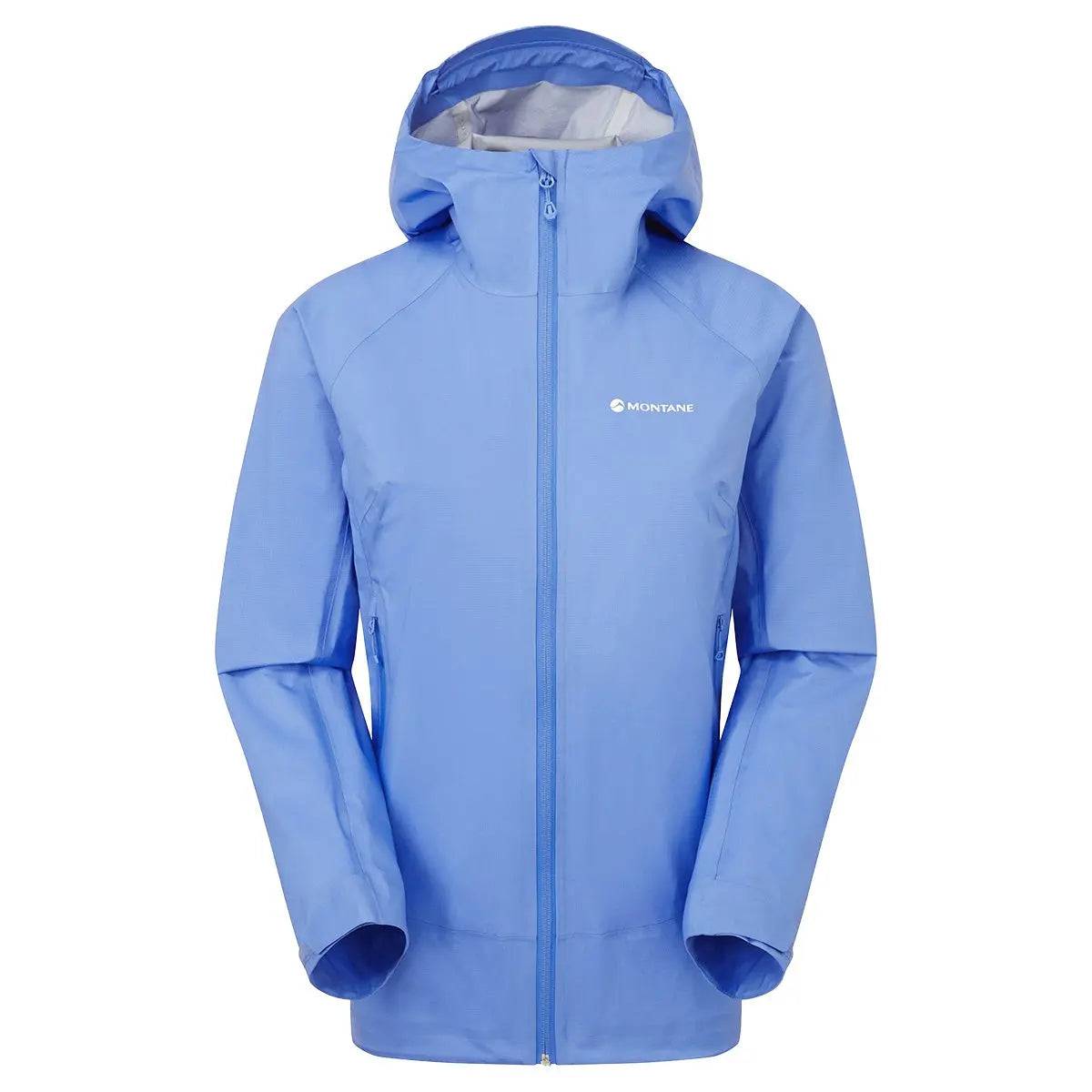 Montane Women's Cetus Lite Waterproof Jacket in light blue with a hood, full-zip front, and lightweight rain protection.