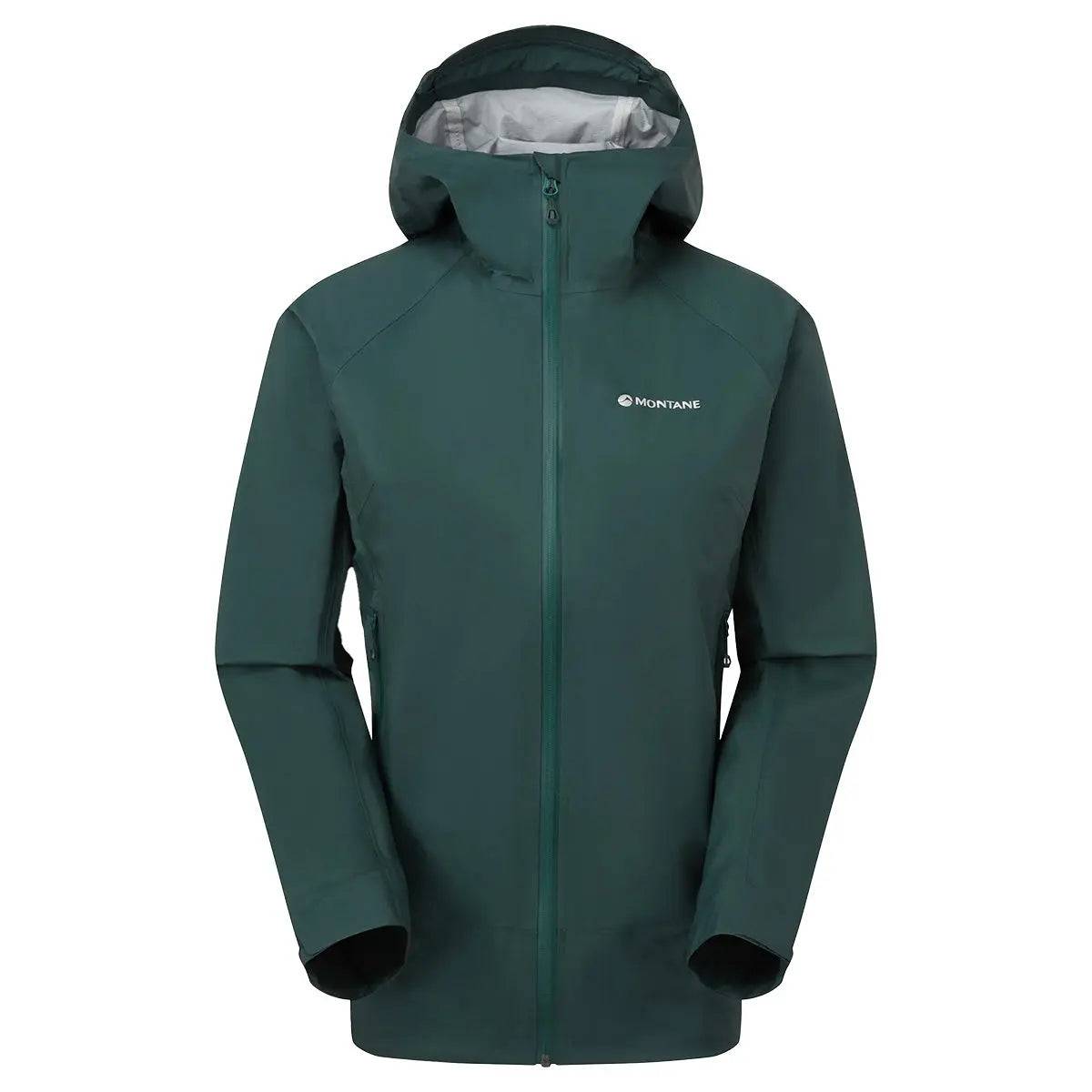 Montane Women's Cetus Lite Waterproof Jacket in dark green, featuring a hood and breathable waterproof fabric for outdoor adventures.