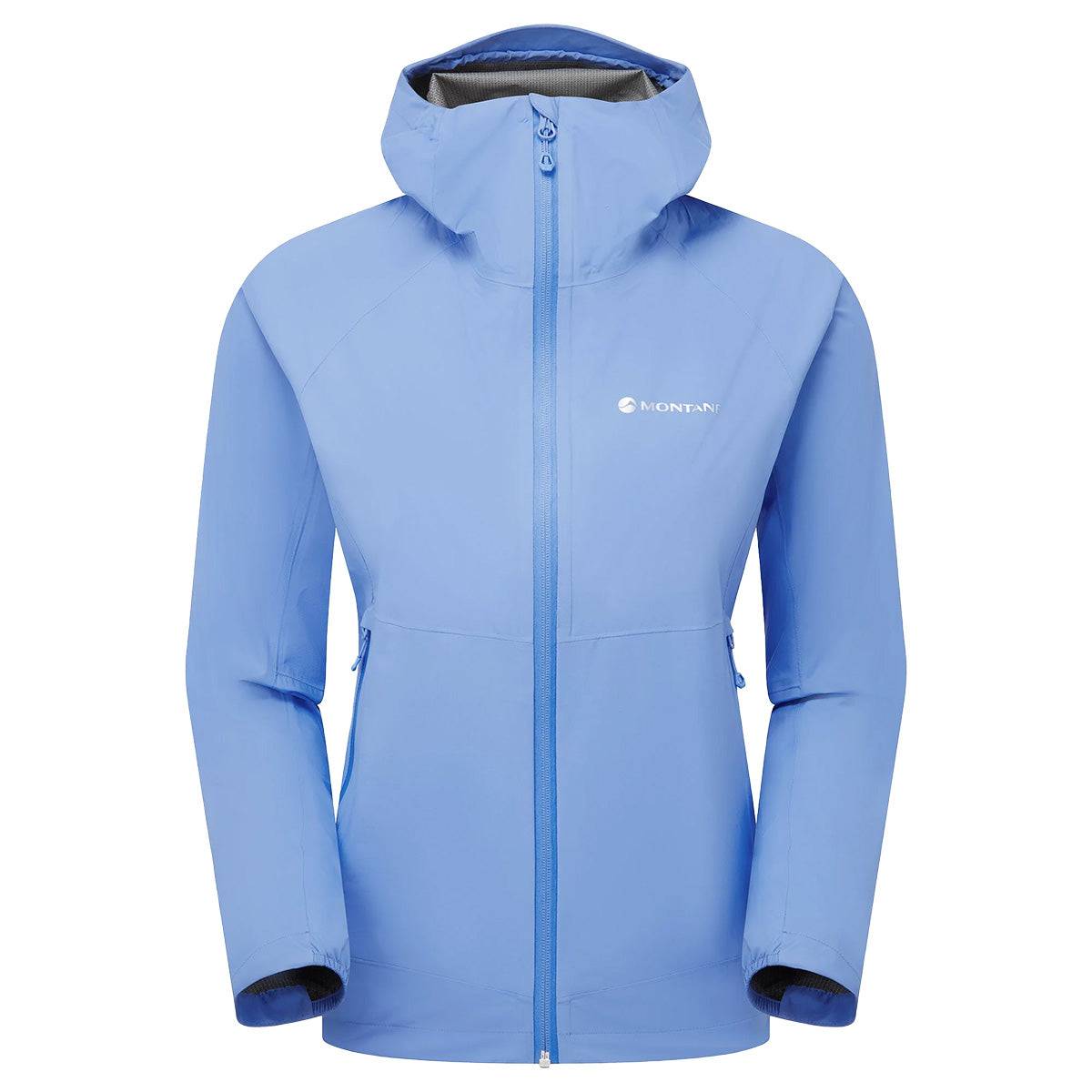 Montane Womans Minimus Lite Waterproof Jacket in sky blue, breathable and packable rain coat for women’s endurance and trail running gear.
