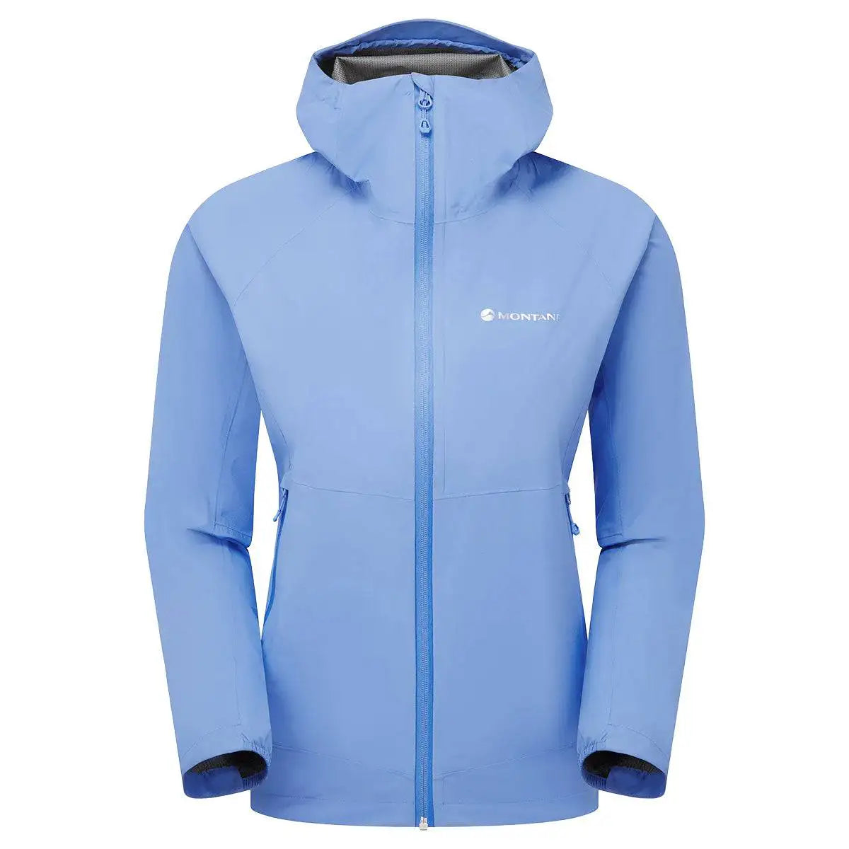 Montane Womans Minimus Lite Waterproof Jacket in sky blue, breathable and packable rain coat for women’s endurance and trail running gear. Cornflower from  John Bull Clothing 