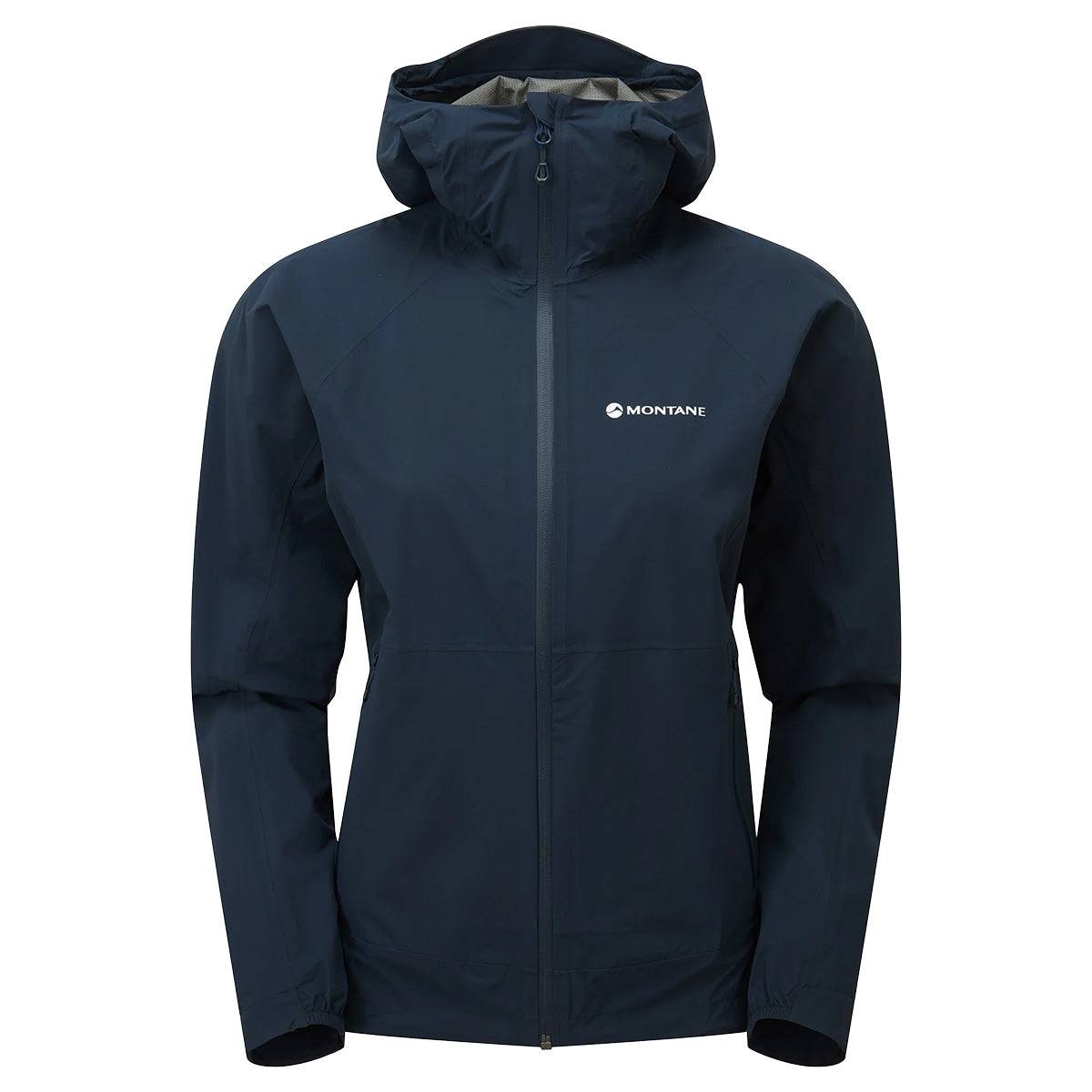 Montane Womans Minimus Lite Waterproof Jacket in navy blue with hood, ideal for trail running and outdoor endurance. Lightweight rain coat for women.