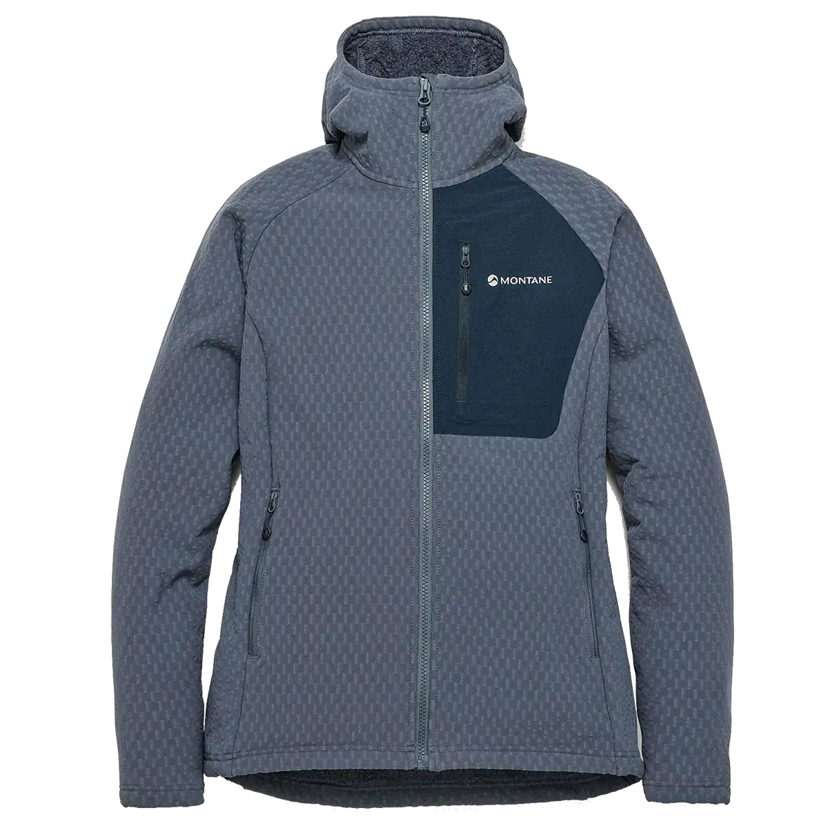Women modeling red Montane outdoor jacket with hood, front zipper, and textured fabric, designed for warmth and outdoor activities