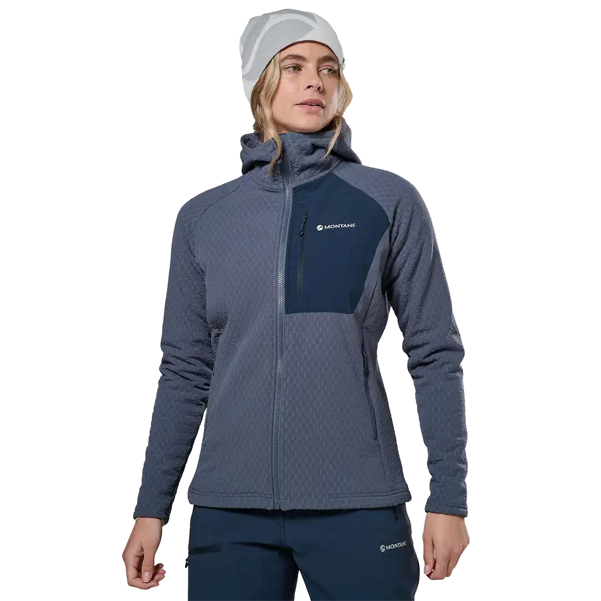 Women in blue Montane outdoor jacket with hood, front zipper, and textured fabric, ideal for active outdoor wear in cold conditions