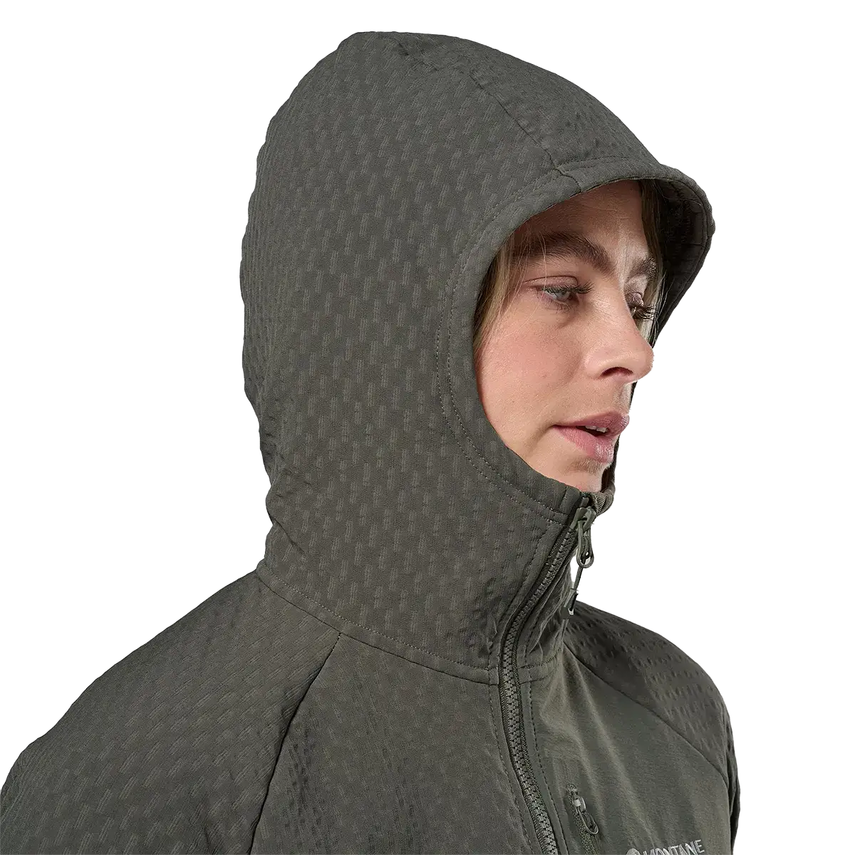 Women wearing dark gray Montane Dura XT Thermal Hoodie with hood up, front zipper, and textured fabric, designed for outdoor warmth and activity