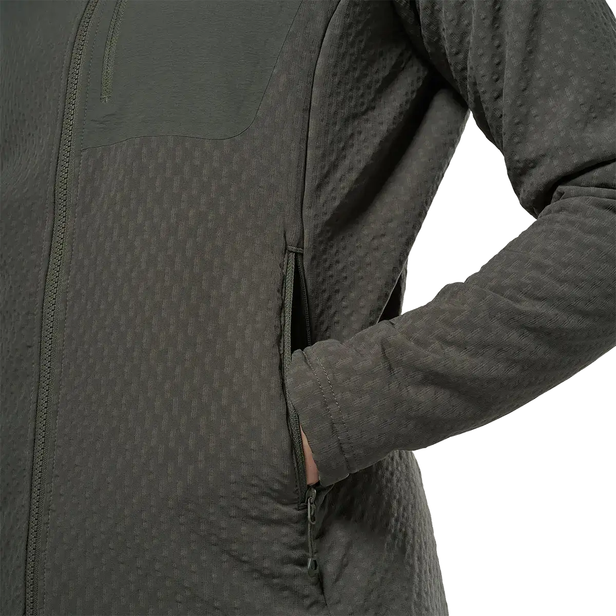 Detail of women's Montane Dura XT Thermal Hoodie showing textured fabric, zippered side pocket, and sleeve design