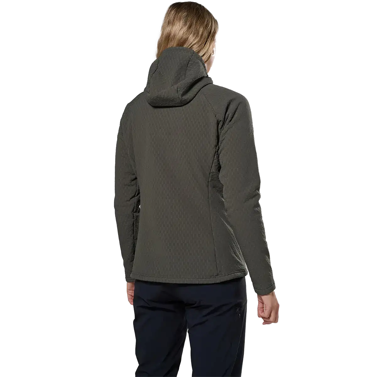Back view of woman in Montane Dura XT Thermal Hoodie showing hood, tailored fit, and rear design details, outdoor clothing