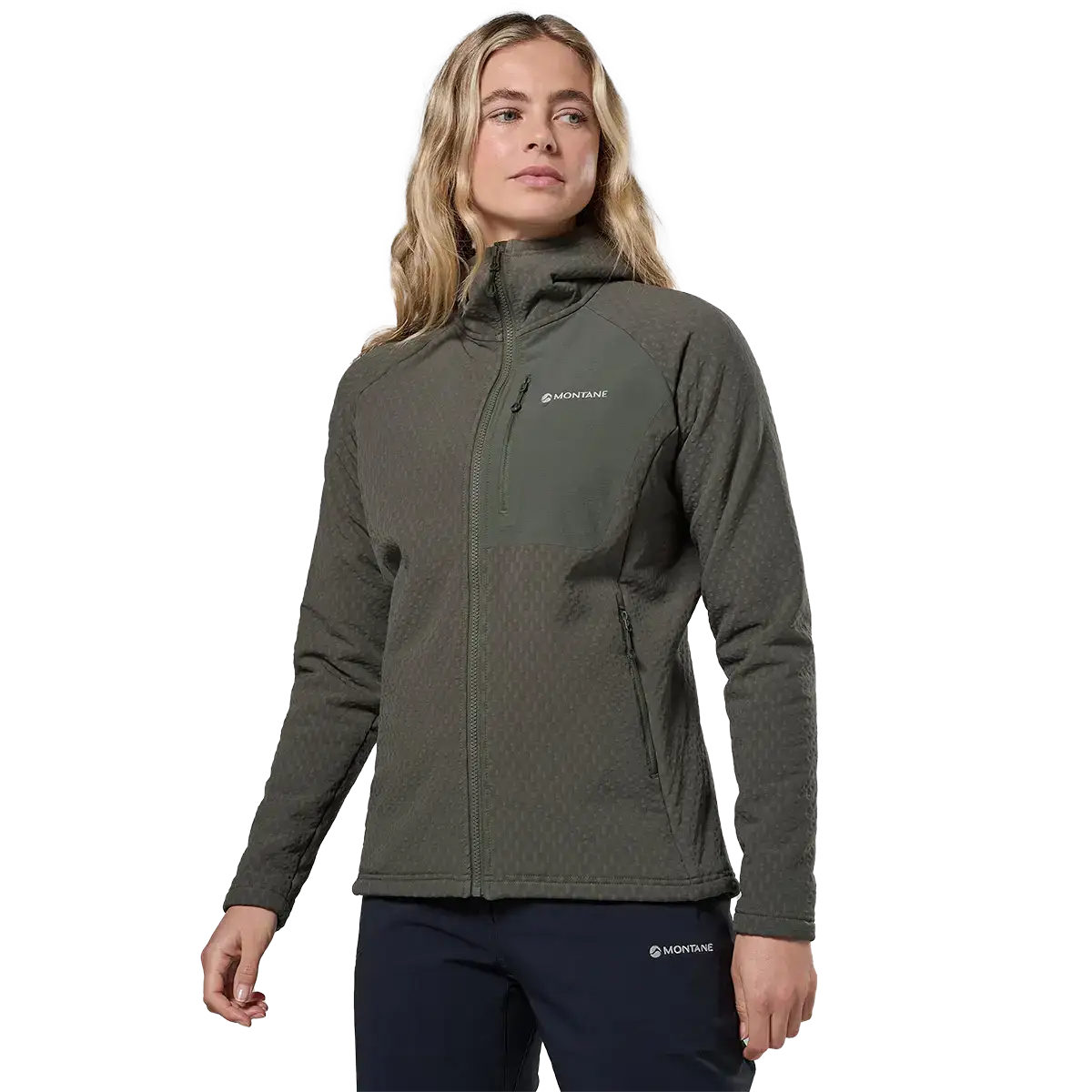 Women wearing dark green Montane Dura XT Thermal Hoodie with full front zipper, high collar, and zippered chest pocket, outdoor apparel