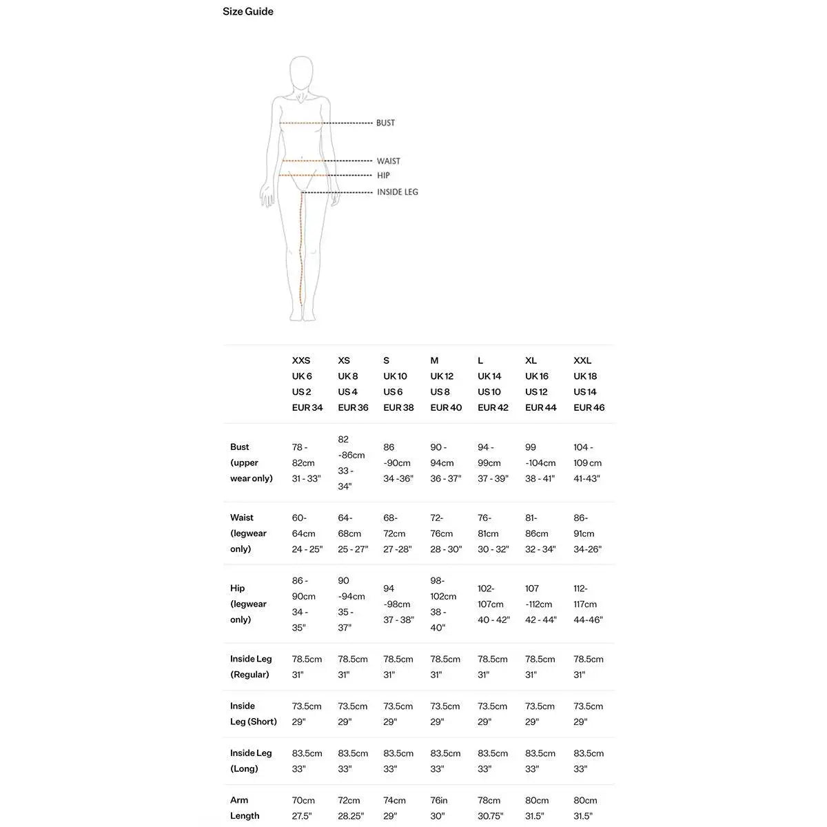 Size guide chart for Montane Womans Minimus Lite Waterproof Jacket, detailing bust, waist, hip, and leg measurements for accurate fit selection.  from  John Bull Clothing 