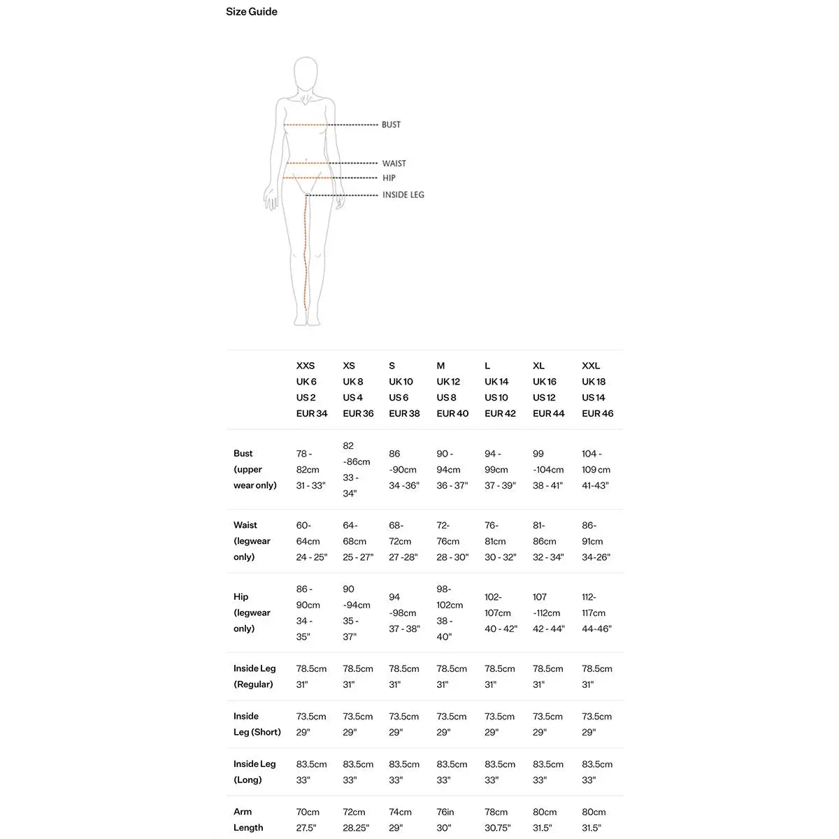 Size guide chart for Montane Womens Spirit Long Goretex Waterproof Jacket, including bust, waist, hip, and leg measurements for accurate fit.  from  John Bull Clothing 