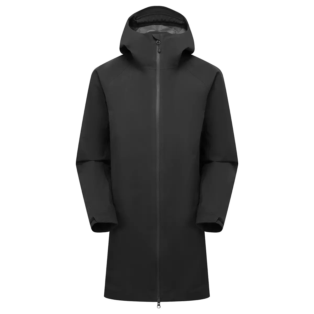Montane Womens Spirit Long Goretex Waterproof Jacket in Midnight Grey, sleek rain coat with hood and minimalist design for outdoor wear.