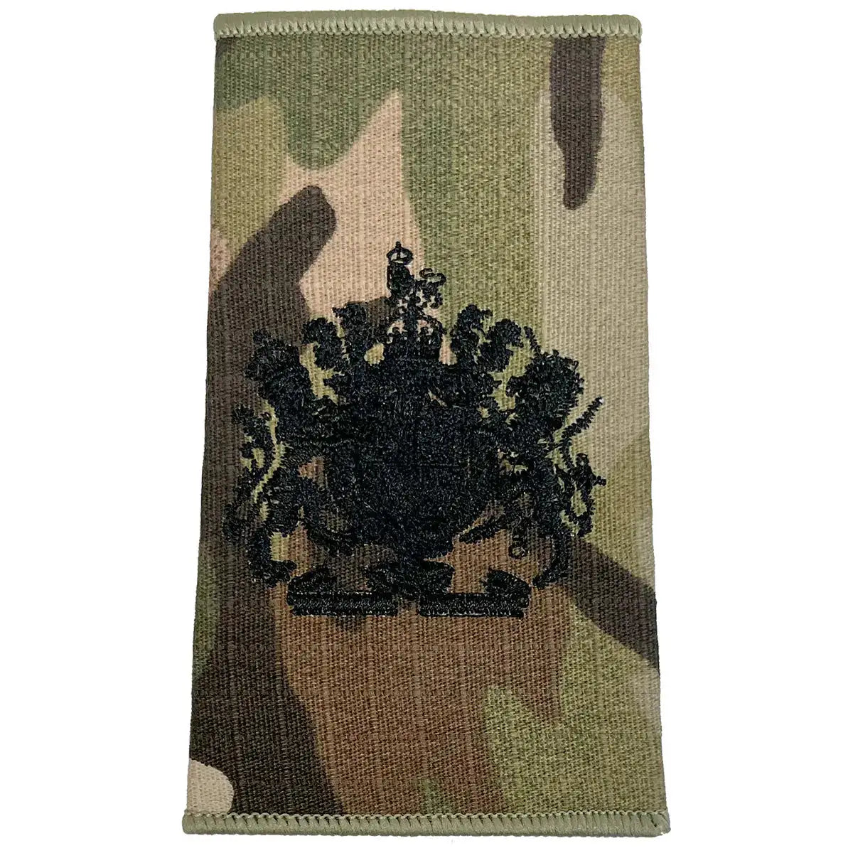 Detailed black royal coat of arms on Multicam Rank Slide, ideal for ceremonial military uniforms, made by John Bulls. Kings Crown - WO1 from  John Bull Clothing 
