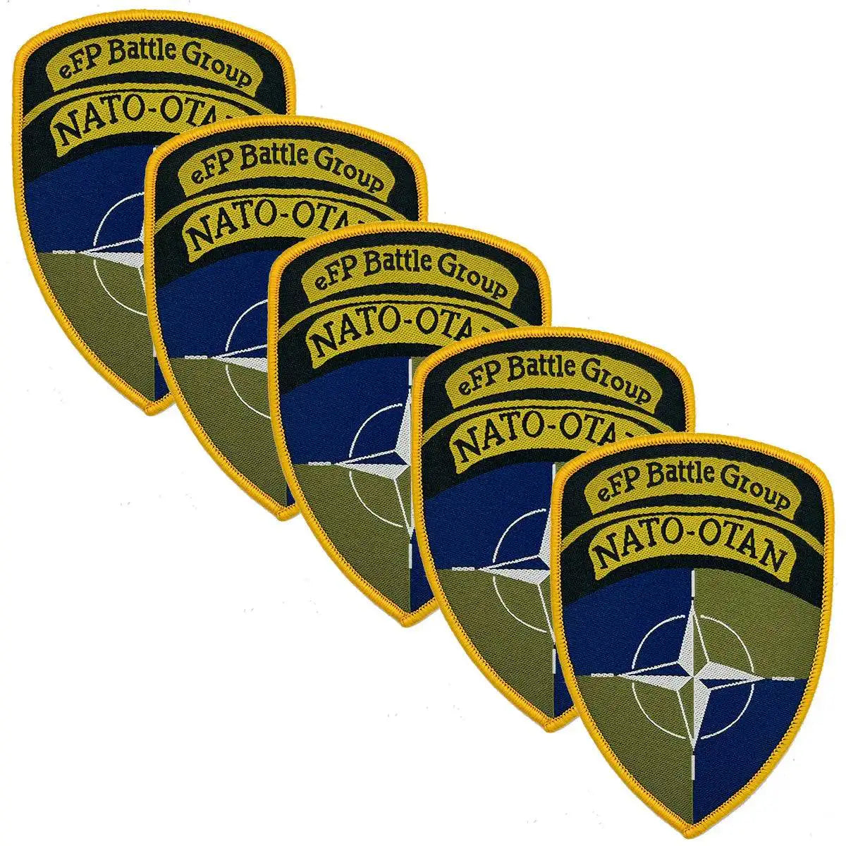 Set of five Nato eFP Battle Group Iron On TRF Flash patches featuring the NATO-OTAN emblem, perfect for military uniforms and tactical gear. 5 Pack from  John Bull Clothing 