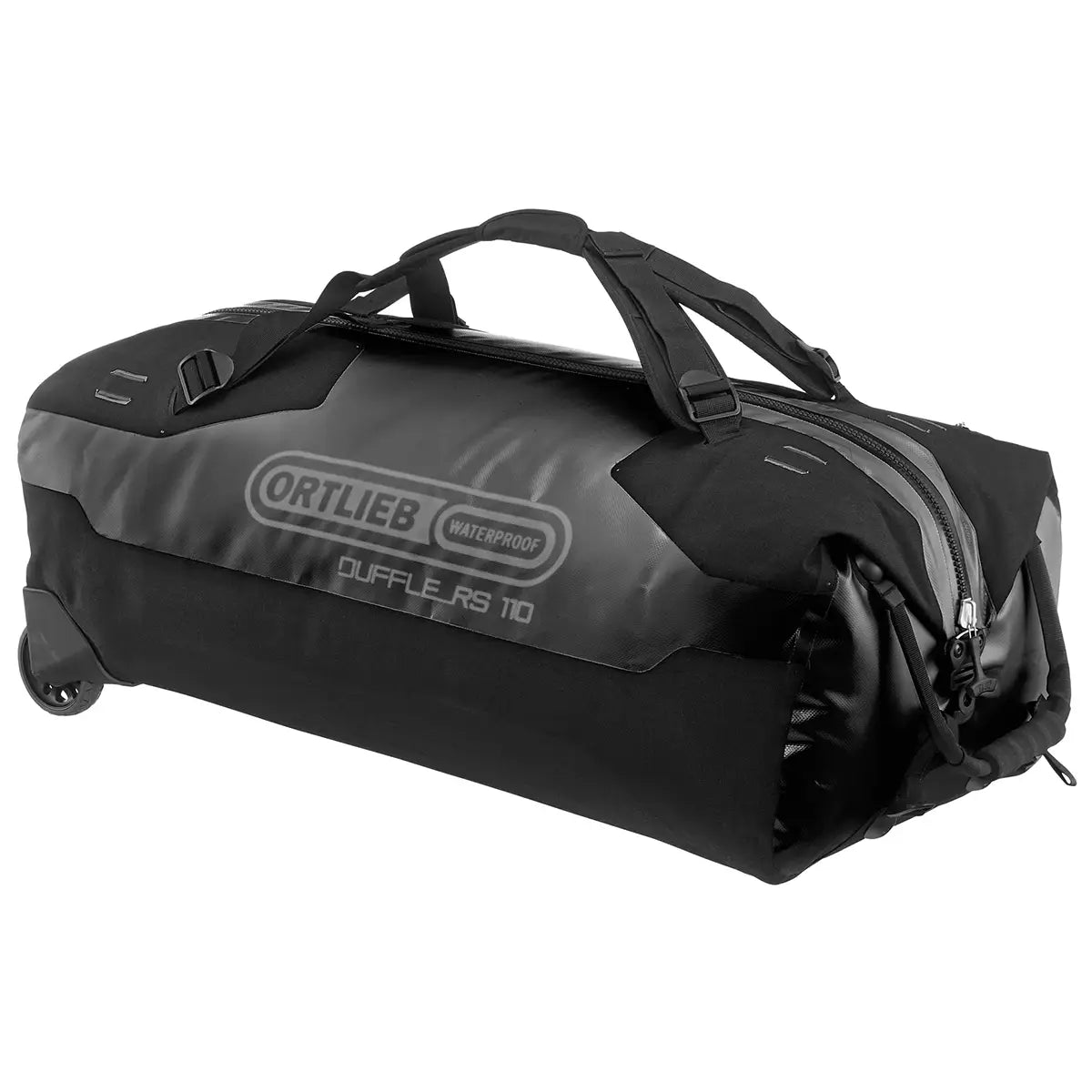 Ortlieb Duffle RS Travel Bag with Wheels in black, 140L capacity, waterproof and rugged design for adventure travel from John Bulls.