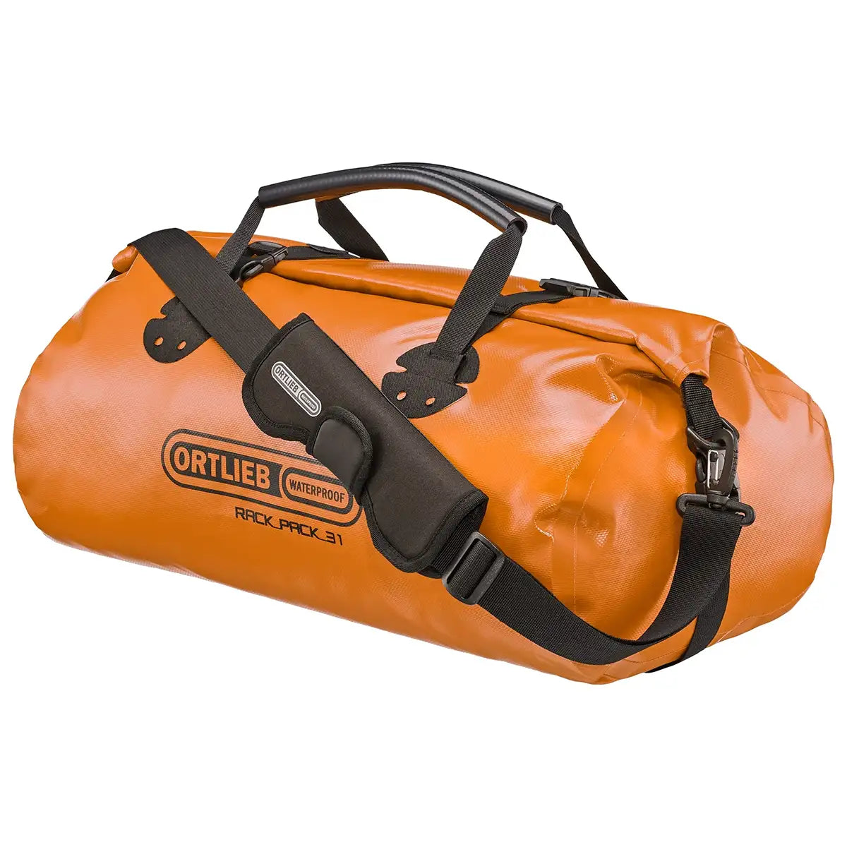 Ortlieb Rack Pack 31L Waterproof Duffle Bag in orange with padded handles and roll closure, ideal for outdoor travel and waterproof storage.