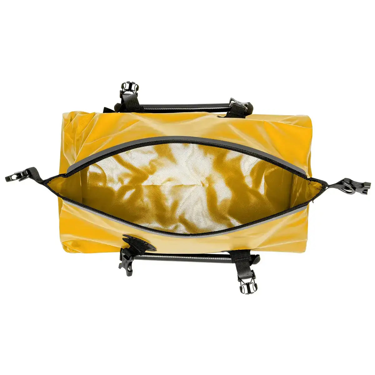 Interior view of yellow Ortlieb Rack Pack 31L Waterproof Duffle Bag displaying spacious waterproof compartment for dry gear storage.  from  John Bull Clothing 