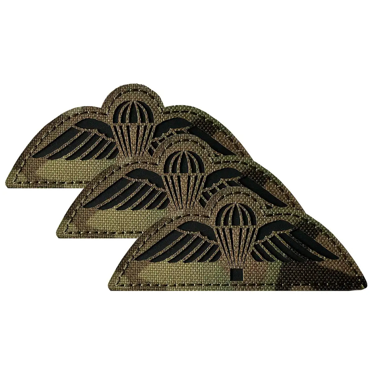 Laser cut military badge featuring parachute wings design with black insignia on camouflage fabric, hook & loop backing for tactical uniforms - SKU: JB1643